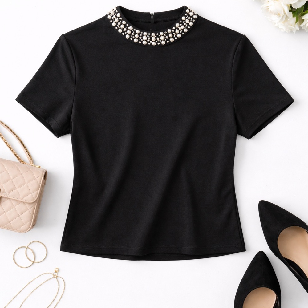 Black Pearl Embellished High Neck Short Sleeve Top Chic Dressy Blouse - Picture 4 of 4